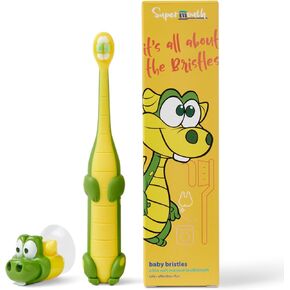 Toddler Ultra Soft Kids Toothbrush – Gentle Bristles for Baby & Toddler Teeth, Superhero Design, Suction Cup Stand, Ages 0-5, Augmented Reality Sticker for Interactive Brushing Fun
