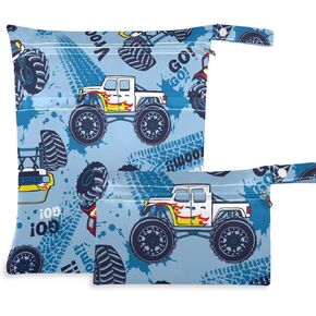 susiyo 2 Pcs Wet Dry Bag Monster Truck Cars Waterproof Reusable Baby Cloth Diaper Wet Bags with 2 Zipper Pockets for Breast Pump Parts Travel Beach Pool Gym Yoga Swimsuits Wet Clothes