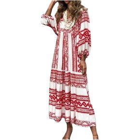 NBXNZWF Boho Maxi Dresses for Women Casual Loose Long Sleeve Flowy Beach Dress Puff Sleeve V Neck Pleated Vacation Dresses
