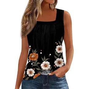 Tank Tops for Women Sleeveless Pleated Tunic Tops Square Neck Printed Dressy Tank Tops Trendy Loose Fit T Shirts