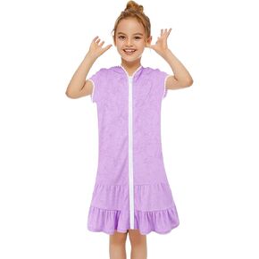 Toddler Kids Baby Girl Swimwear Zip Up Hooded Cover Up Short Sleeve Summer Beach Bathing Suit Robe with Pocket
