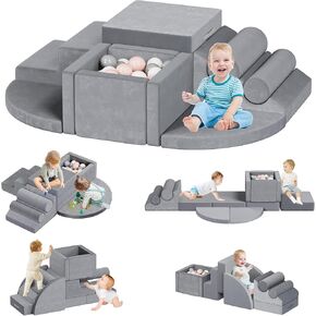 12 PCS Foam Climbing Blocks for Toddlers with Ball Pit, Safe Soft Play Gym Set，Baby Kids' Indoor Playground Foam Blocks for Crawling, Climbing Motor Skills Development（Gray）