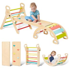 Giant bean Pikler Triangle Set, Foldable 7 in 1 Toddler Climbing Toys Indoor with Handle, Sliding Ramp & Arch, Wooden Montessori Climbing Set, Playground Jungle Gym for Kids Rainbow