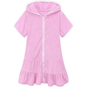 Kids Baby Girls Summer Swimsuit Cover Up Toddler Infant Girls Short Sleeve Hooded Zip Down Ruffle Dress Skirt