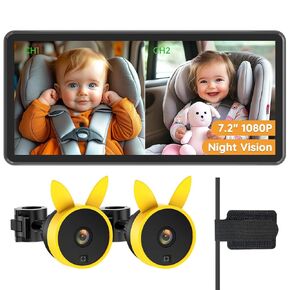 Baby Car Camera for 2 Kids - 7.2" Large HD Display Dual Channel Baby Monitor, Clear 1080P IR Night Vision Car Seat Camera, Easy Install & Secure Rear-Facing View