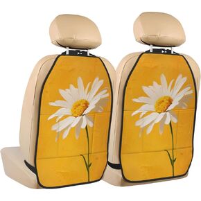 Chamomile Flower On Yellow Car Seat Back Kick Protectors,2 Pack Kick Mats With Storage Pockets For Vehicles To Protect From Dirt Mud Scratches