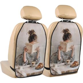 Woman Striped Shirt Holding Book Coffee Car Seat Back Kick Protectors,2 Pack Kick Mats With Storage Pockets For Vehicles To Protect From Dirt Mud Scratches