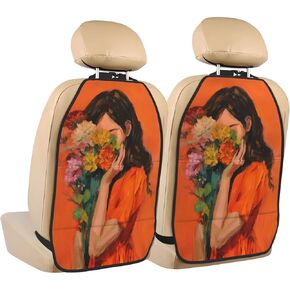Colorful Flowers Hide Woman Face Car Seat Back Kick Protectors,2 Pack Kick Mats With Storage Pockets For Vehicles To Protect From Dirt Mud Scratches