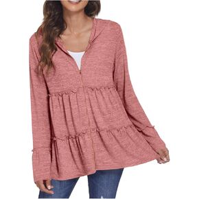 HGps8w Ruffle Tiered Hoodies Shirts for Women Casual Long Sleeve Zip Up Cardigan Loose Swing Tunic Tops