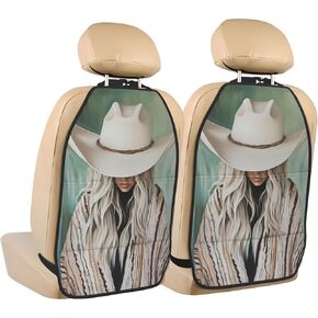 Cowgirl Wearing White Cowboy Hat Car Seat Back Kick Protectors,2 Pack Kick Mats With Storage Pockets For Vehicles To Protect From Dirt Mud Scratches