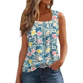 Tank Top for Women Square Neck Sleeveless Tunic Tops Pleated Printed Casual Basic Tee Going Out Dressy T Shirts