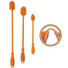 Silicone Bottle Brush Cleaner Set of 3，Long Handle Bottle Cleaning Brushes for Narrow Neck Containers, Water Bottles, Thermos, Hydro Flasks, Coffee Mugs,Baby Bottles (Orange Upgraded Version)