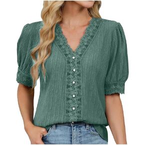 JOAU Women Dressy Casual Puff Sleeve Business Work Blouse Ladies Floral Lace V Neck Button Tunic Top Trendy Textured Shirts