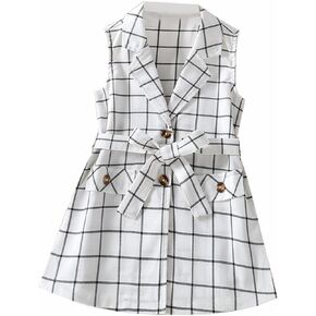 Plaid Undershirt V Neck Jacket with Belt Girls' Clothes 4Y to 7Y Shirt Toddler (White, 3-4 Years)