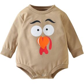 Baby Sweatshirt Infant Boys Girls Thanksgiving Day Clothes Long Sleeve Prints Romper Jumpsuit 0-24 (Khaki, 9-12 Months)