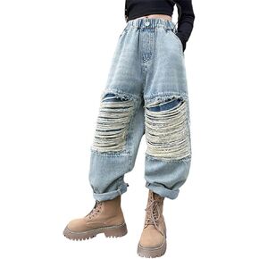 Infant 12 Months Girls Kids Ripped Jeans Cool Wide Leg Pants Elastic Waist Baggy Jeans Toddler Denim 6t Pants