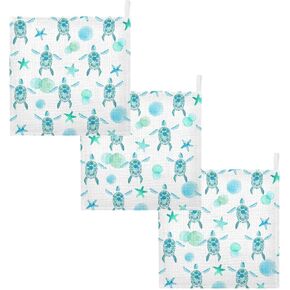 Burbuja Watercolor Sea Turtle Baby Washcloths - Muslin Cotton Soft Absorbent Baby Towel for Newborn Baby Sensitive Skin - Baby Essential Item, 12x12 in, 3 Pack
