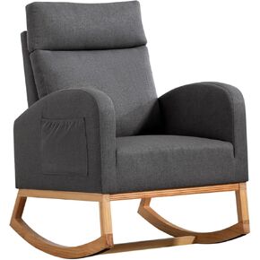 Rocking Chair Nursery with Headrest, Linen Upholstered Glider Rocking Chair with Rubber Wood Legs and Side Pocket, Modern Accent Armchair for Living Room, Bedroom, White