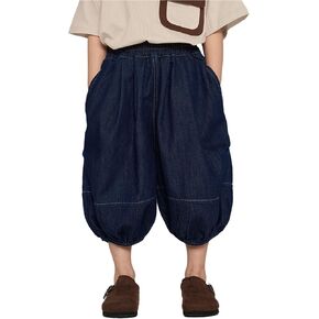 Boys Cotton Denim Pants Harem Bloomers Elastic Waistband Pull On Capris Trousers for Toddler Kids