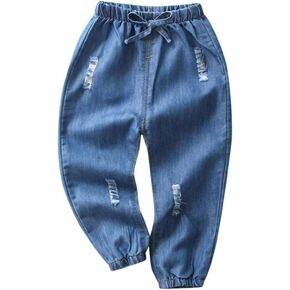 Toddler Baby Jeans Little Boys Girls Cute Elastic Waist Casual Denim Pants Straight Leg Cinch Jean Trousers Blue