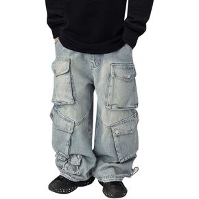 Kids Baggy Multi Pockets Jeans Cargo Loose Wide Leg Boys Denim Pants Oversized Pocket Straight Vintage Trendy Trousers