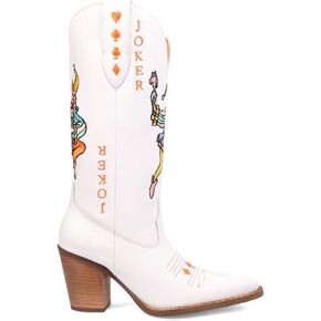 Dingo Womens Joker Graphic Embroidered Snip Toe Pull On Casual Boots Mid Calf Mid Heel 2-3" - White