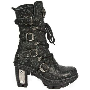 New Rock NEOTR005-S25 Vintage Floral Black Gothic Rock Punk Ladies Leather Fashion Calf Boots