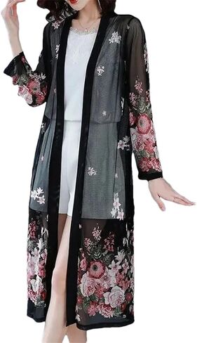 Women Chiffon Printed Cardigan Lace Hollow Thin Sun Protection Clothing Coat Long-Sleeved Mid-Length Shawl in Saudi Arabia