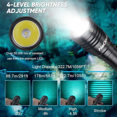 HECLOUD Scuba Diving Flashlight Dive Torch 1200 Lumens IPX8 Waterproof Underwater Safety Light with USB Charger 4 Modes for Submarine Deep Sea Cave at Night Daily Use in Kuwait