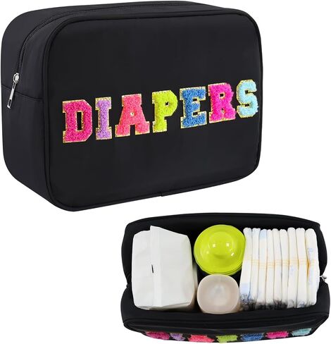 Portable Small Diaper Bag, Chenille Letter Diaper Caddy Organizer Pouch Newborn Baby Essentials Must Haves for Nursery Changing Table, Black Waterproof Diaper Pail Baby Shower Gifts for Mom To Be in Kuwait