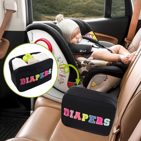 Portable Small Diaper Bag, Chenille Letter Diaper Caddy Organizer Pouch Newborn Baby Essentials Must Haves for Nursery Changing Table, Black Waterproof Diaper Pail Baby Shower Gifts for Mom To Be in Kuwait