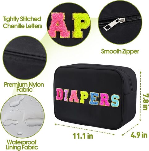 Portable Small Diaper Bag, Chenille Letter Diaper Caddy Organizer Pouch Newborn Baby Essentials Must Haves for Nursery Changing Table, Black Waterproof Diaper Pail Baby Shower Gifts for Mom To Be in Kuwait