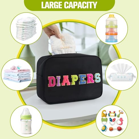 Portable Small Diaper Bag, Chenille Letter Diaper Caddy Organizer Pouch Newborn Baby Essentials Must Haves for Nursery Changing Table, Black Waterproof Diaper Pail Baby Shower Gifts for Mom To Be in Kuwait