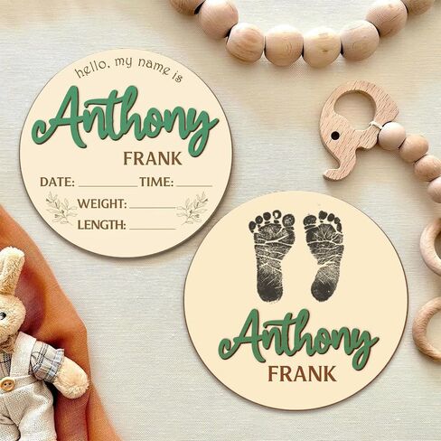 Double Sided - Personalized Wooden Custom Baby Name Announcement, Birth Announcement and Footprint Sign for Hospital, Baby Room Decor, Nursery Sign, Welcome Sign (Printed in USA - Ships Next Day) in Saudi Arabia