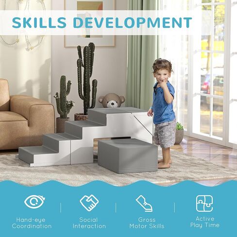 Qaba Foam Play Set for Toddlers and Children, Easy-to-Clean 2 Piece Soft & Safe Kids Climbing Set for Crawling or Sliding, Light Gray in Saudi Arabia