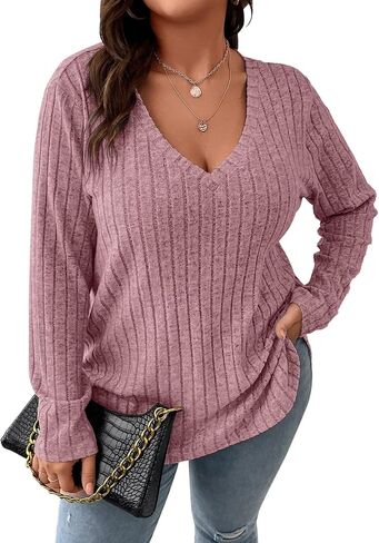Koscacy Women Plus Size Casual Knit Sweater V Neck Solid Color Tops Lightweight Long Sleeve Blouses in Saudi Arabia