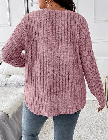 Koscacy Women Plus Size Casual Knit Sweater V Neck Solid Color Tops Lightweight Long Sleeve Blouses in Saudi Arabia