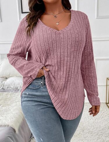 Koscacy Women Plus Size Casual Knit Sweater V Neck Solid Color Tops Lightweight Long Sleeve Blouses in Saudi Arabia