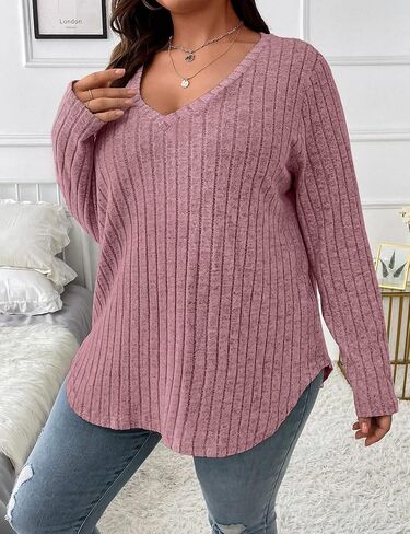 Koscacy Women Plus Size Casual Knit Sweater V Neck Solid Color Tops Lightweight Long Sleeve Blouses in Saudi Arabia