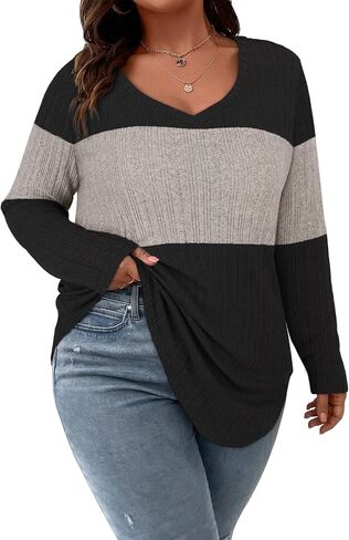 Koscacy Women Plus Size Casual Knit Sweater V Neck Solid Color Tops Lightweight Long Sleeve Blouses in Saudi Arabia