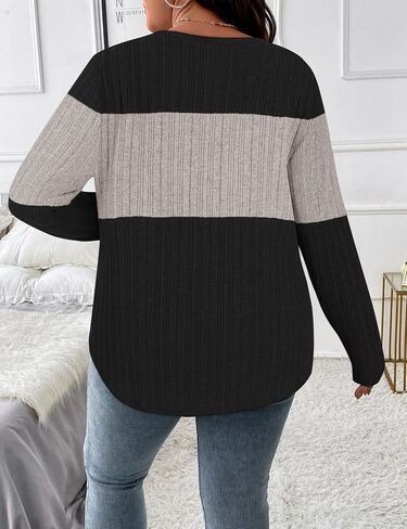 Koscacy Women Plus Size Casual Knit Sweater V Neck Solid Color Tops Lightweight Long Sleeve Blouses in Saudi Arabia