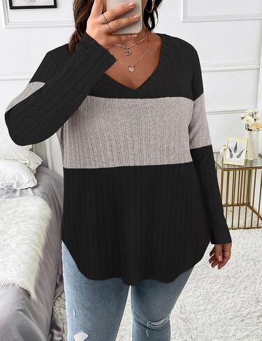 Koscacy Women Plus Size Casual Knit Sweater V Neck Solid Color Tops Lightweight Long Sleeve Blouses in Saudi Arabia