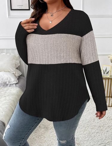 Koscacy Women Plus Size Casual Knit Sweater V Neck Solid Color Tops Lightweight Long Sleeve Blouses in Saudi Arabia