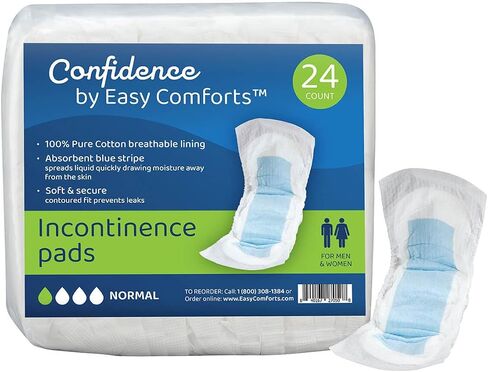 Confidence Incontinence Pads for Seniors, Super Absorbency for Day or Overnight Use, Safe for Sensitive Skin, Cotton Liner, Protects from Incontinence & Bladder Leaks, Pkg 24 Count by Easy Comforts in Kuwait