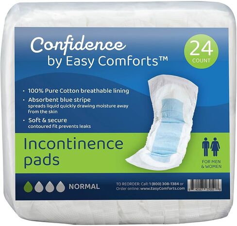 Confidence Incontinence Pads for Seniors, Super Absorbency for Day or Overnight Use, Safe for Sensitive Skin, Cotton Liner, Protects from Incontinence & Bladder Leaks, Pkg 24 Count by Easy Comforts in Kuwait