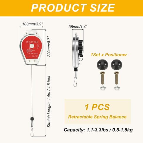 PATIKIL Retractable Spring Balancer, 6.6-11lbs (3-5kg) Bearing Spring Tool Load Balancer 4 Feet Adjustable Cable Retractor Holder with Positioner for Assembly Line Hanging, Silver in Kuwait