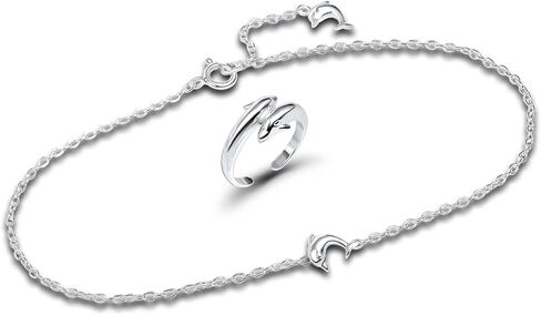 Hoops & Loops 925 Sterling Silver Twin Dolphins Open Toe Ring Anklet Set for Women Teen Girls Men, 9 Inches + 1 Inch Extender | Boho Cute Summer Beach Anklet Foot Jewelry in Saudi Arabia