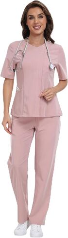 طقم Ninsam Curve Vitality Scrubs للنساء، مكون من بلوزة بسحاب مائل وسروال مستقيم الساق، 7 جيوب زي طبي مطاطي in Kuwait