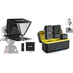 NEEWER Teleprompter X14 with RT-110 Remote & APP Control (Bluetooth Connection via NEEWER Teleprompter App), CM28 Max Wireless Lavalier Microphone System with Charging Case Included