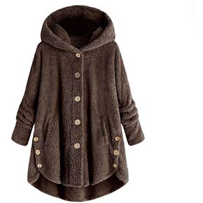 Women Fleece Jacket Plus Size Winter Coats Button Plush Hooded Coat Long Sleeve Cardigans Uterwear With Pockets